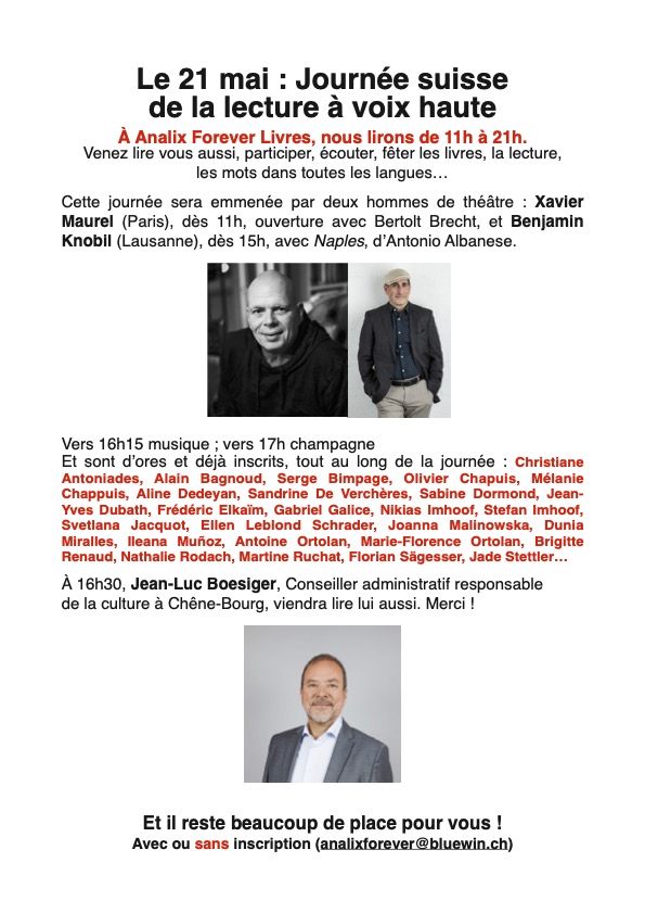 Journée suisse de la lecture à voix haute, le 21 mai 2025 à Analix Forever Livres de 11h à 21h à Chêne-Bourg.